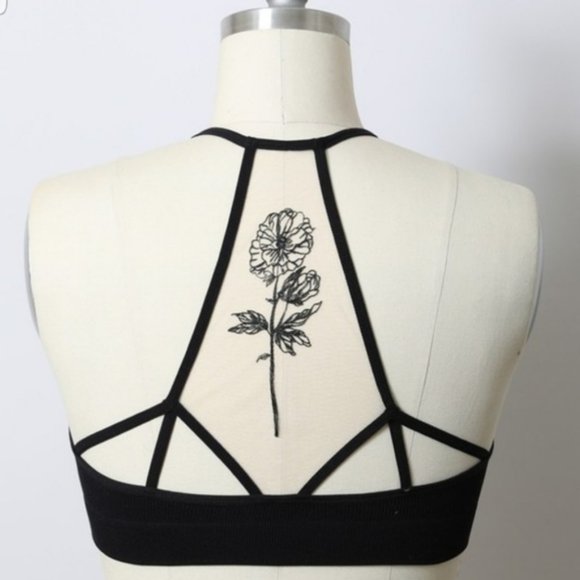 New! Black Flower Bloom Mesh Tattoo Bralette - Picture 5 of 8